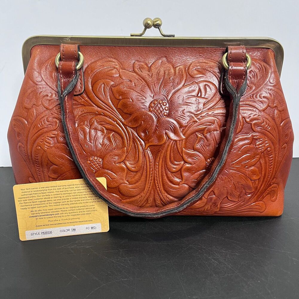 Patricia Nash Vtg Brown Floral Tooled Leather Satchel Brass Hardware
